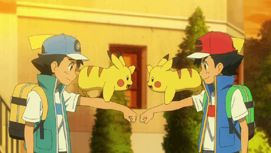 pokemonpowergirl:Two Pikachu having a fistbump with their parallel counterpart. 