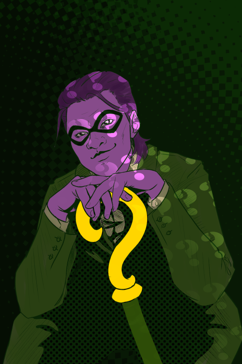 cynric: hes my girlfriend[Image: A digital drawing of The Riddler, he is sitting with his chin propp