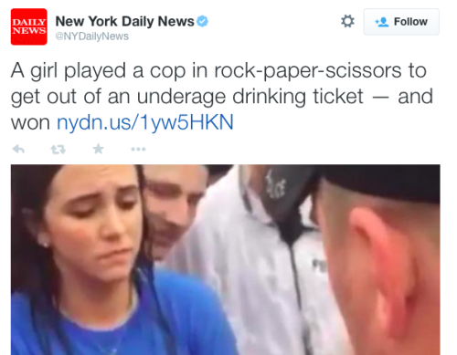 america-wakiewakie:Girl gets out of underage drinking ticket by beating cop at rock-paper-scissors a