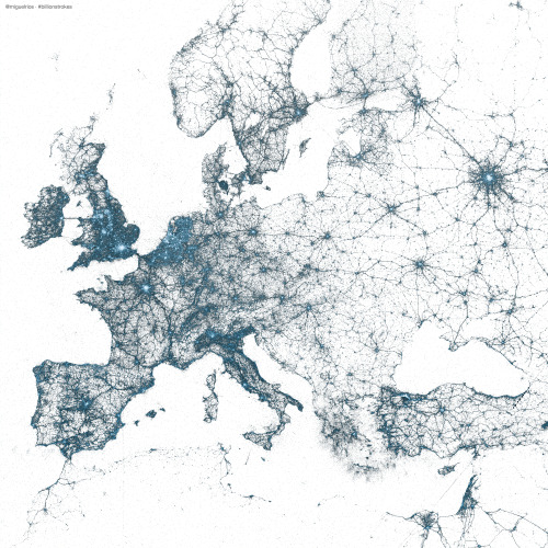 brucesterling:  *Europe mapped in geotagged Twitter tweets.  Surprising how often people tweet 