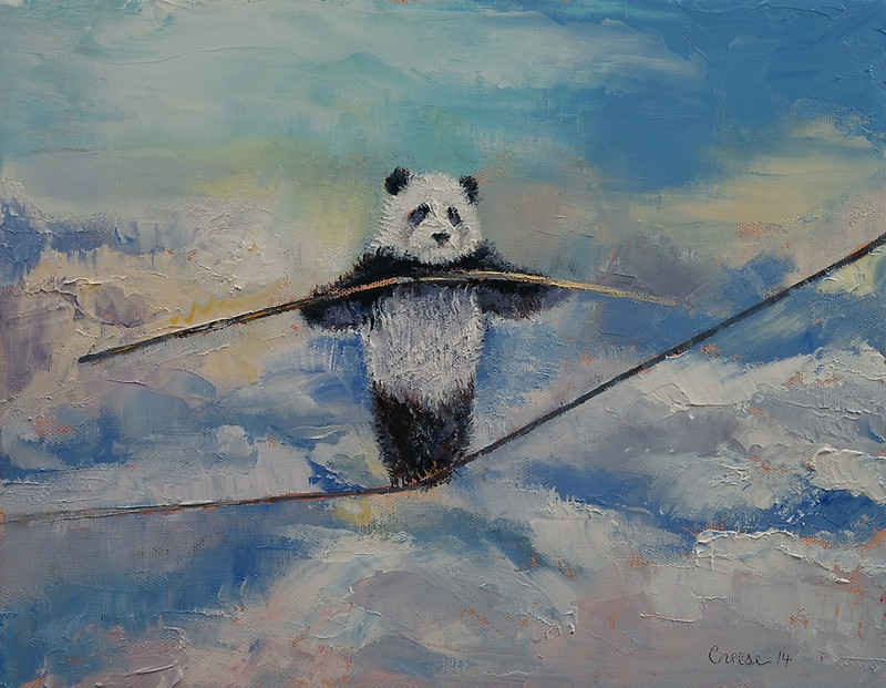 creese:  Michael Creese, Panda Tightrope (2014), oil on canvas.