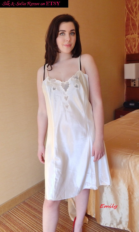 fullslips: White Satin HONEYMOON LINGERIE NIGHTY Slip Nightgown with Hearts - L