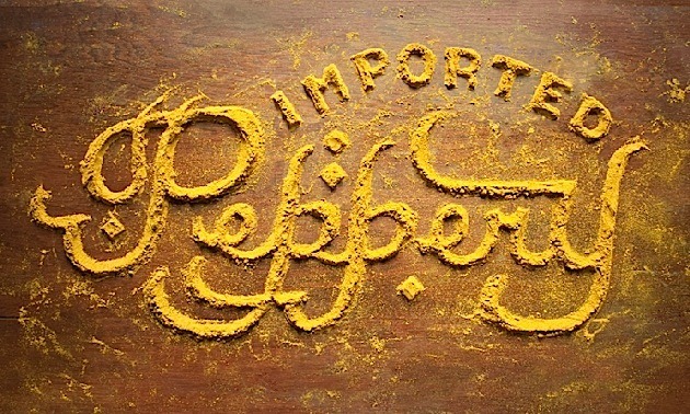 typostrate:  Food Typography  made of pepper, curry, honey, biscuit, noodles, cheese,