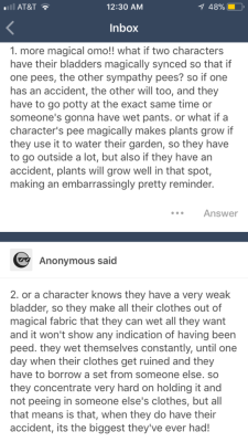 Synced bladders could leave a lot of little wet messes &gt;:3… imagine if one of the characters was a bed wetter and wet the bed at night then got out of bed to see the other character already standing there lookin. Sleepy and annoyed in wet pajamas