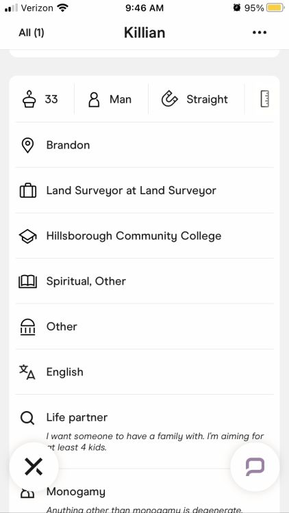 A literal nazi tried to talk to me on Hinge. He lives in Brandon Florida and is a land surveyor. Lets try to find out what company he works for so he can hopefully lose his job.