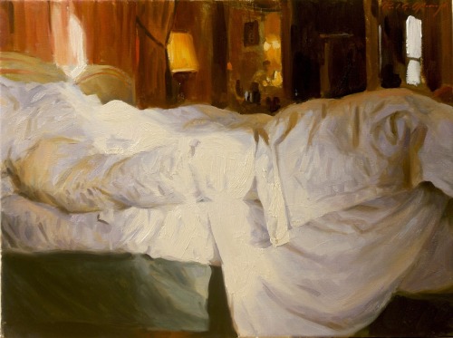 huariqueje:Unmade Bed   -   Paul G. Oxborough American, 1965-  Oil on linen