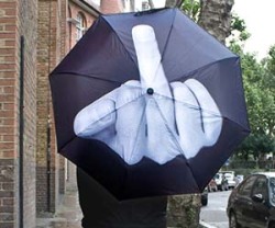 awesomeshityoucanbuy:  Middle Finger UmbrellaNow you can give the middle finger to old mother nature and people who want to take cover beside you with the middle finger umbrella. Not only will you be sticking it to rain clouds, but you’ll be staying