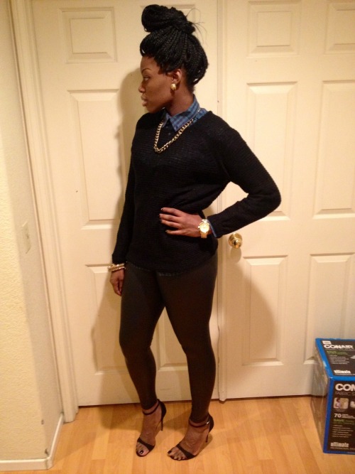 blackfashion:  Top: H&M, sweater & leather leggings: Cotton On, shoes: Steve Madden, accessories: Nasty Gal  www.realdwntomars.tumblr.com