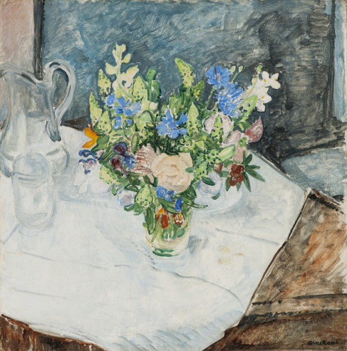 Flowers and a pitcher   -   Arne Kavli, 1912Norwegian, 1878-1970Oil on canvas, 75 x 73 cm. (29.5 x 2
