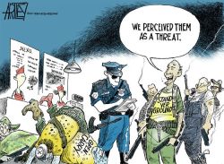 cartoonpolitics:  “We are at the intersection of ‘Open Carry Road’ and ‘Stand Your Ground’  Place.’ So what the fuck are we supposed to do now ?  According to the NRA’s basic principles, you have a right to carry a  weapon that may cause