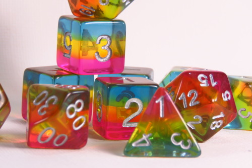 I finally got myself a set of HeartBeat Dice. Pansexual pride!