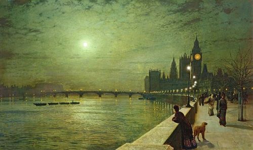 London in the moonlight (1880) by John Atkinson Grimshaw (UK, 1836-1893). Bridgeman Art Library. 