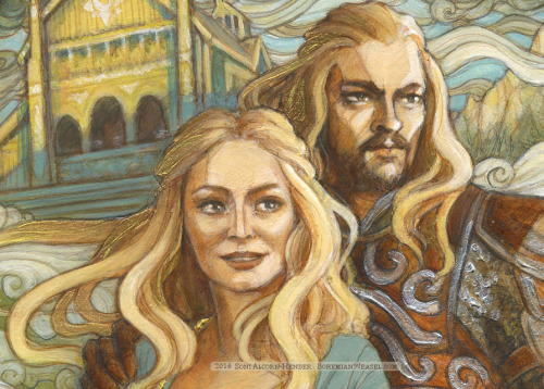 In memory of Théoden by Soni Alcorn-Hender. Éowyn and Éomer amid the simbelmynë at Meduseld. Acrylic