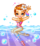 A sayclub pixel art gif of a girl in a one piece bathing suit dancing in the ocean.