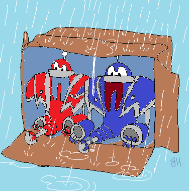 A drawing of Hack and Slash, sitting in a cardboard box in the rain.