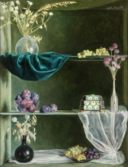 Walter Benoldi, Still Life with Flowers and Fruit on Shelves