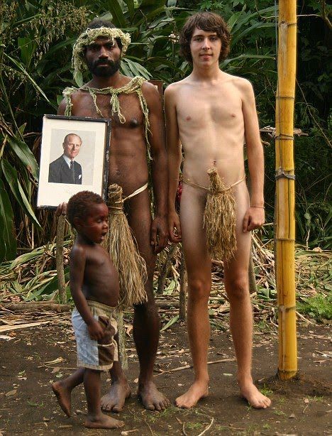 Mark Rayner, anthropology student in Tanna, Vanuatu, with local man celebrating the 89th birthday of