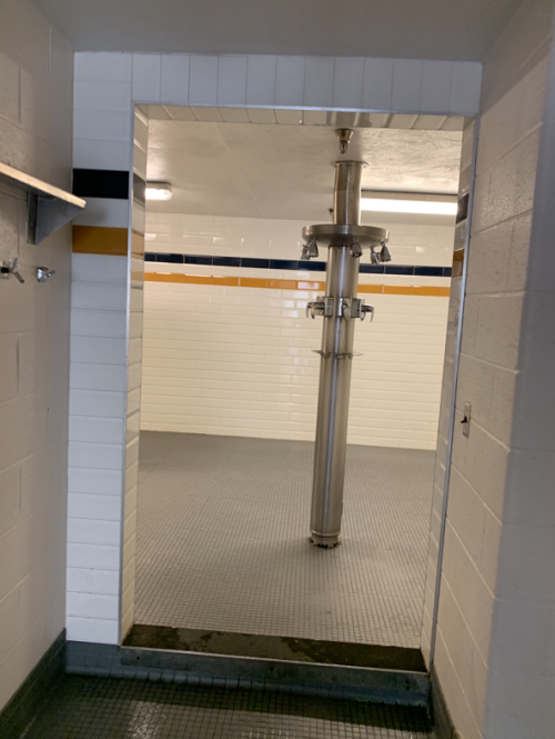 Men’s water polo showers at the United States Naval Academy, Annapolis, Maryland.