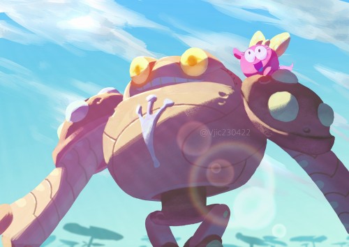 Painting of Polly and Frobo from Amphibia.
Frobo is walking and Polly is on its sholder poininting her hand forward.