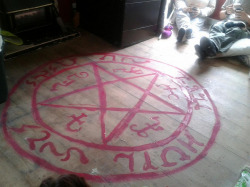 shootingwhiterabbits:  oldmanherondale:  superpower-lottery:  thecastoyourdean:  We were redecorating our living room a while back and me and my sister managed to convince our parents to let us paint this on the floor before we put the carpet down. 