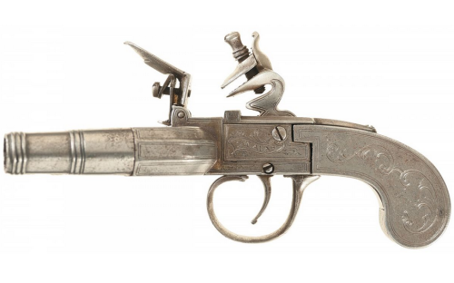 Engraved flintlock duckfoot pistol marked “Seglas”.  Originates from England, 19th centu