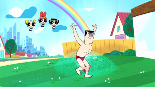 Animation Error 12: For one of the times he runs in front of the sprinkler in this scene (right afte