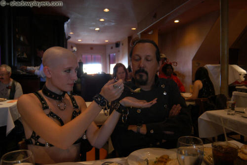 bigbuell: bondage-ponygirls-and-more: Bald Naked (mostly) slave girl in public restaurant (Ivy Brea