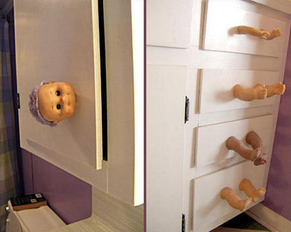 sixpenceee:  Drawer pulls made of doll body parts! While the drawings look fine enough,
