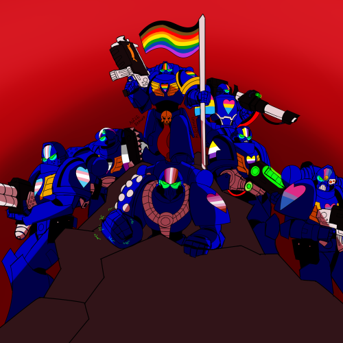 shadefish: My pieces for 2020 Pride, a group of Rainbow Warriors Space Marines repping the pride fla