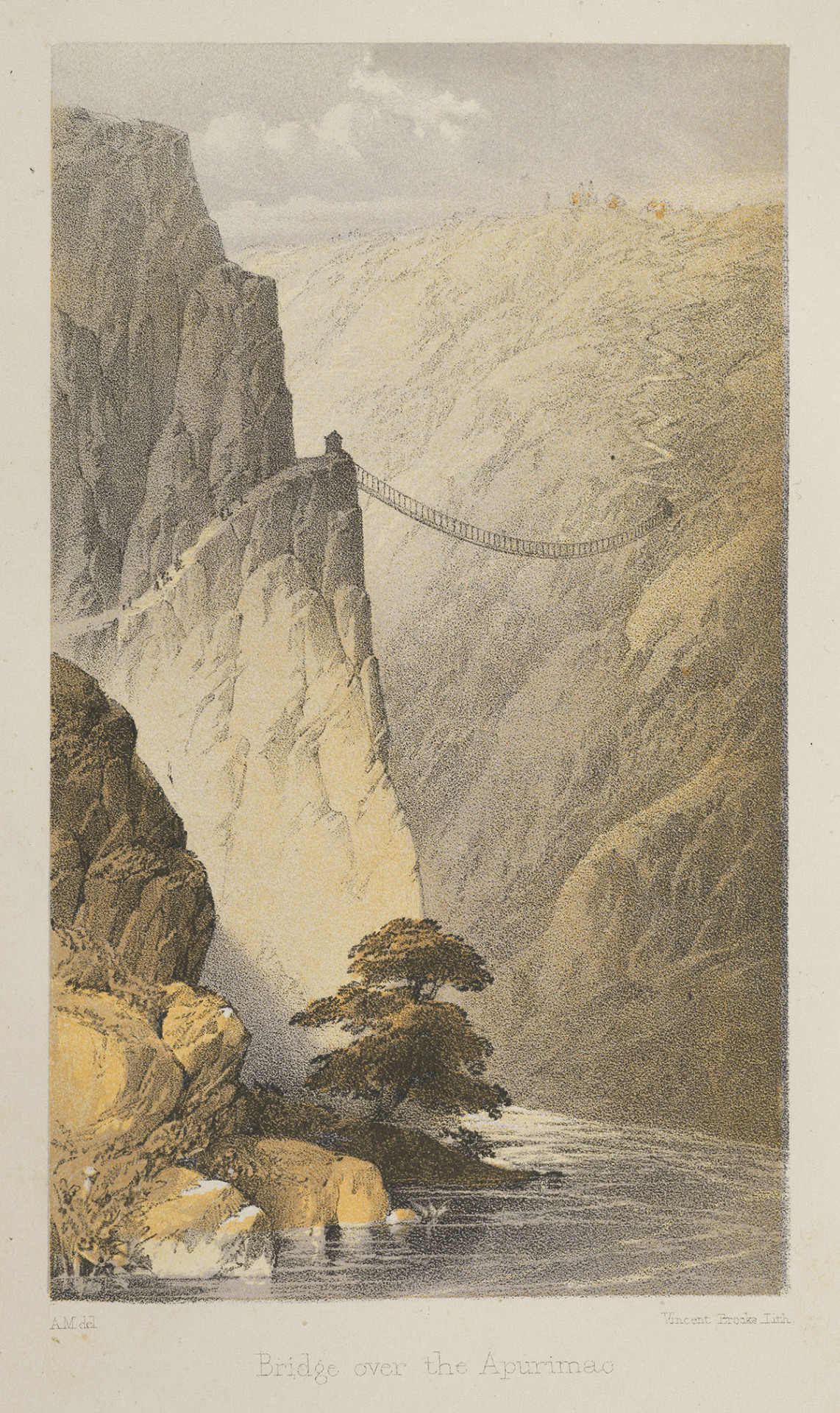 An chromolithograph of a bridge over the Apurimac from a 19th century journey to Cuzco, the ancient capital of Peru.
Bridge over the Apurimac, 1865, Vincent Brooks. Getty Research Institute.