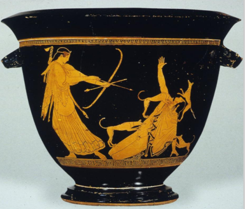 famousartthroughhistory:Bell krater by Pan Painter, obverse, Attic red-figure on ceramic, Cumae, 470