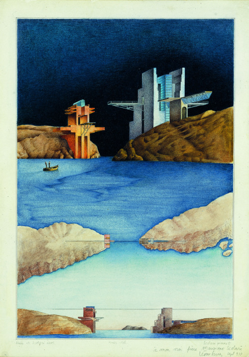 Léon Krier and Massimo Scolari, Le désespoir de Janus, 1975 (via archreview)
‘In this collaborative drawing by Léon Krier and Massimo Scolari, two forts face off across a strait. The structures, represented in Scolari’s trademark lurid fantasy style,...