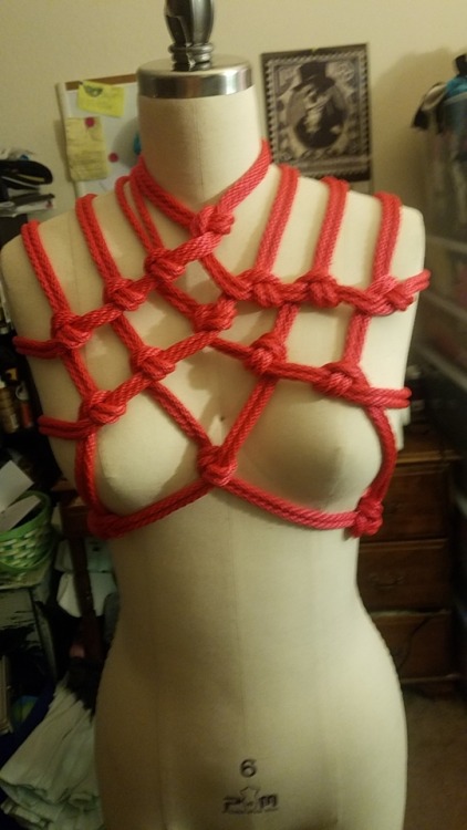 A similar harness to my fooling around with pink, but with hitches. I hope to perfect the tension in