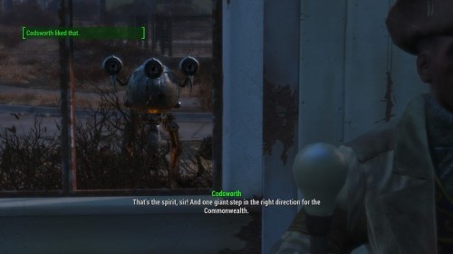 The camera cut to Codsworth so well framed by the window that I lost it for a bit. The cinematograph