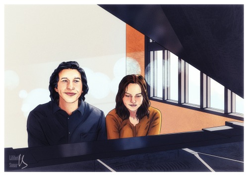 A commission for a fic Signs by angelview on AO3. Ben and Rey sharing a moment by a piano.