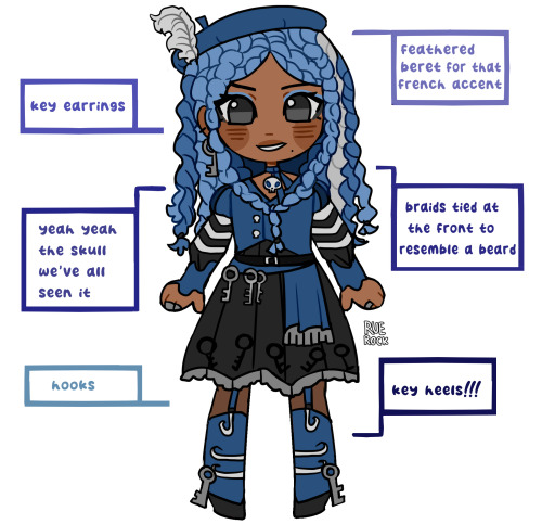 digital art of my original character, barbie. she's seen in a fullbody chibi format, smiling. she has blue hair, dark eyes, blue vest over black dress and blue shoes. there are descriptions around her, pointing at different design choices that say, "feathered beret for that french accent", "key earrings", "key heels", "hooks", "braids tied at the front to resemble a beard" and "yeah yeah the skull we've all seen it" (referring to her choker with a skull charm). the background is white.