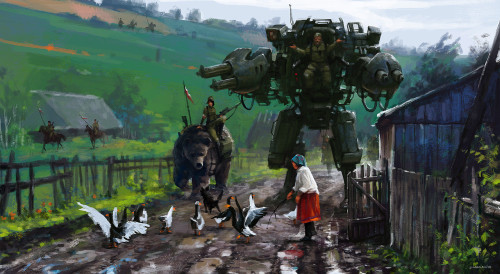 toocatsoriginals:  Jakub Rozalski - Sci-Fi Paintings of Russian Revolution-Era Mechs via Imgur and J