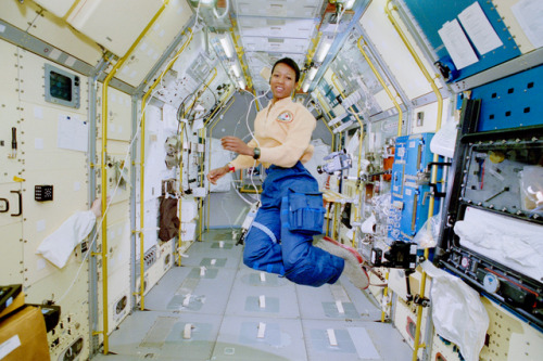 humanoidhistory: Astronaut Mae Jemison, first African-American woman in space, aboard the Shuttle En