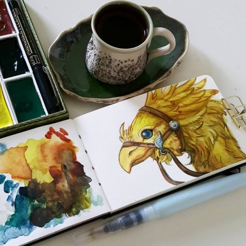 Having coffee while finishing up this #chocobo #watercolor  #ffxv #finalfantasyxv  www.insta
