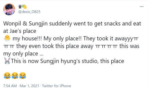 park-sungshine:sungpil just…. showed up to jae’s house…. roasted him… ate his food… n… refused to le