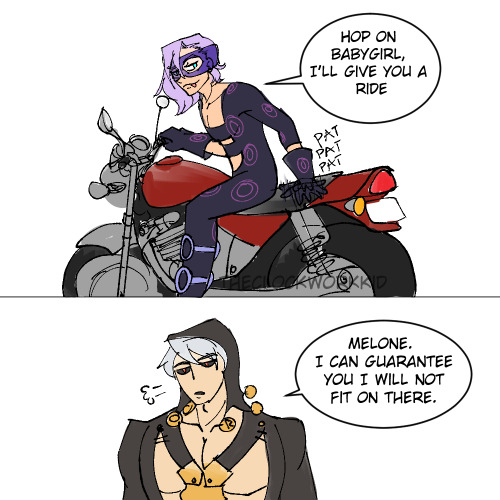 I don’t think Risotto can fit on that motorcycle alone let alone right behind Melone. Melone where i