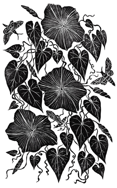 swan-bones:Moonflowers and MothsBlock print, 2021by Kelly Louise Judd