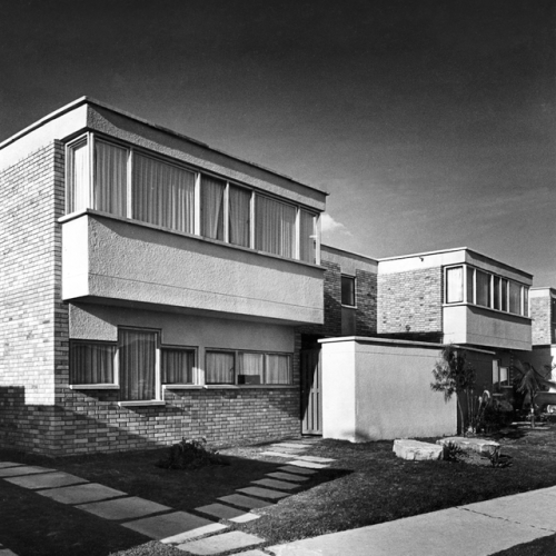 vintagehomeplans:  Colombia, 1964: Houses in Niza SouthA group of modern semi-detached houses. The average unit contains a living room, dining room, kitchen, servant’s room with shower room, and an enclosed patio on the first floor. The second floor