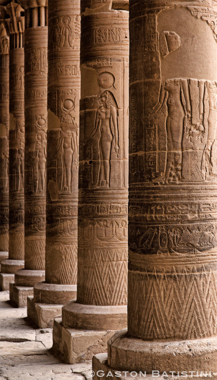 dwellerinthelibrary:  Temple of Philae, Lower Egypt by Gaston Batistini on Flickr.  Columns in the First Pylon of the temple. The lioness goddess’ name has been lost. (PM6 p 219.)