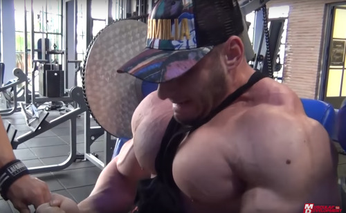 muscleroidaddict: Dan Cristian doing lat pullovers. But I can’t keep my eyes off his massive pecs. L