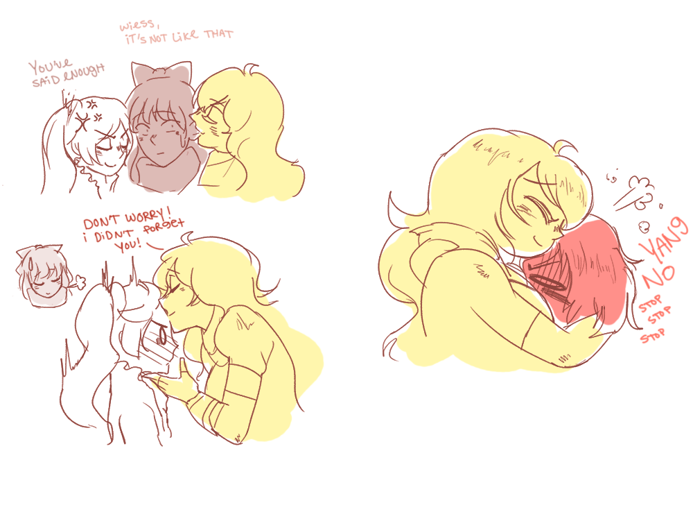 bonpyro:  yang x everyone doodles. Top left is Pyrrha and Yang. Last time I called