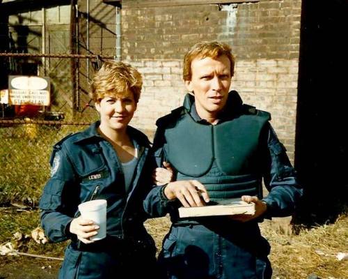 theactioneer:Nancy Allen &amp; Peter Weller on the set of RoboCop (1986)