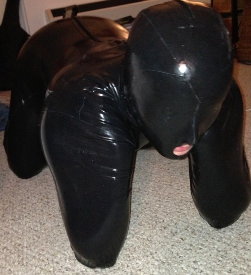 pupnobley:  I imagine the boy got locked in this thick rubber bitch suit. I imagine him squirming around the house, disoriented, bumping into things, looking for his Sir. Ear plugs prevent him from hearing anything and a vibrating butt plug is keeping