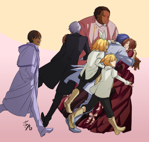 Banica and her friends enjoy a group hug as Seth looks on.Original art by Ichika, this is a coloring