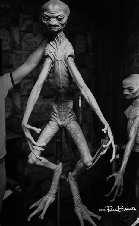 Alien designs by Rick Baker (sculptures) and Ron Cobb (drawings) for the unmade Steven Spielberg fil